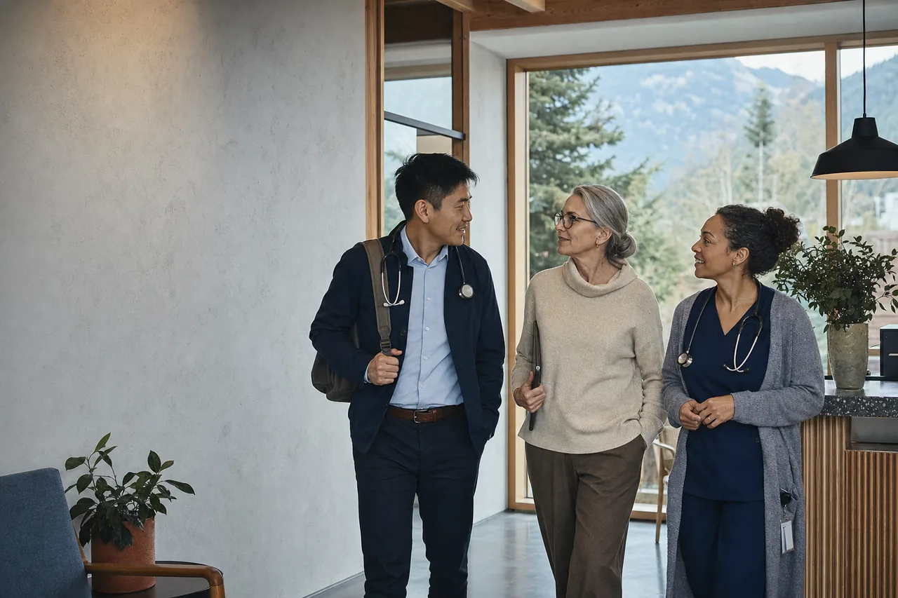 Physician team walking through a Lower Mainland clinic
